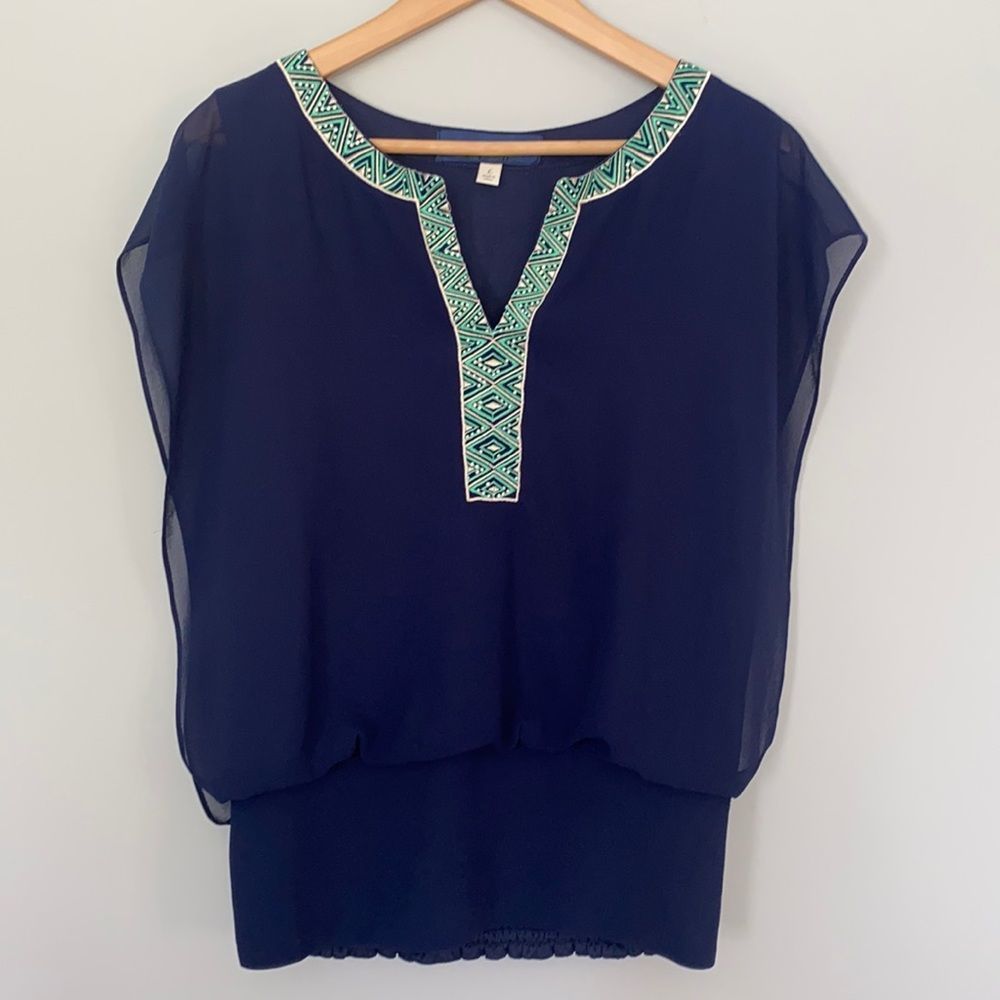 Francesca's Collections Navy Blue Blouse with Green Accents